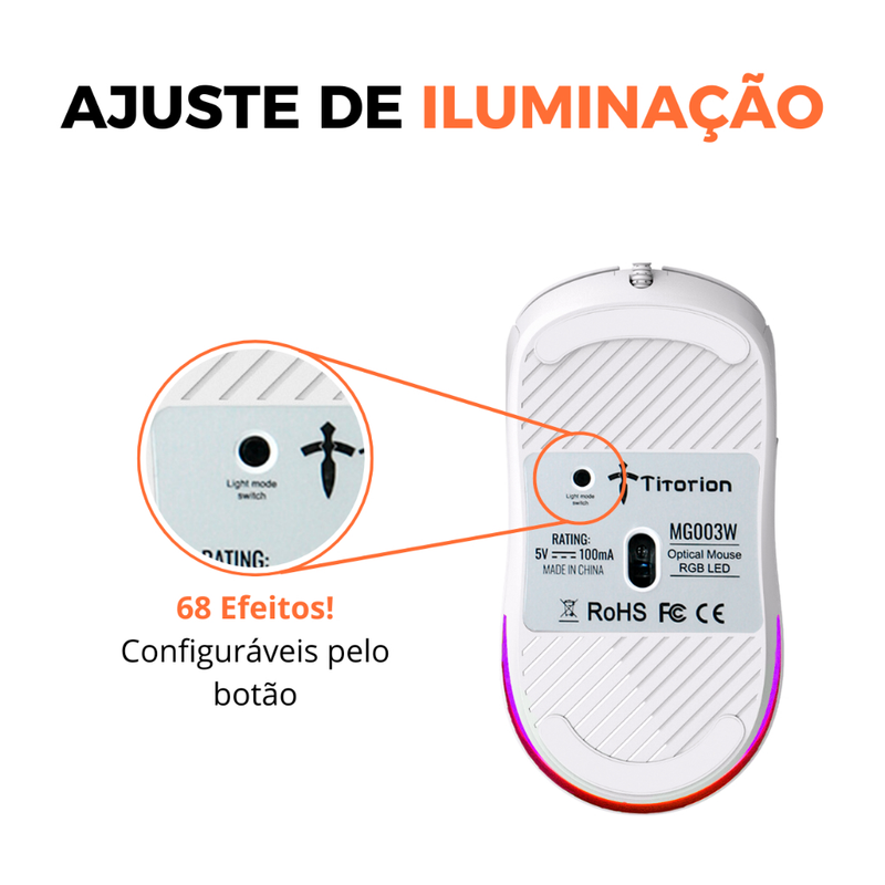 Mouse Gamer Jogo Ergonômico 8000dpi Óptico Com Fio Led Rgb Usb Pc Computador Branco Preto Titorion