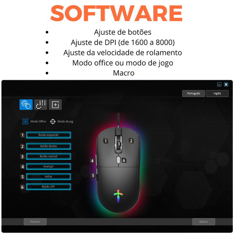 Mouse Gamer Jogo Ergonômico 8000dpi Óptico Com Fio Led Rgb Usb Pc Computador Branco Preto Titorion