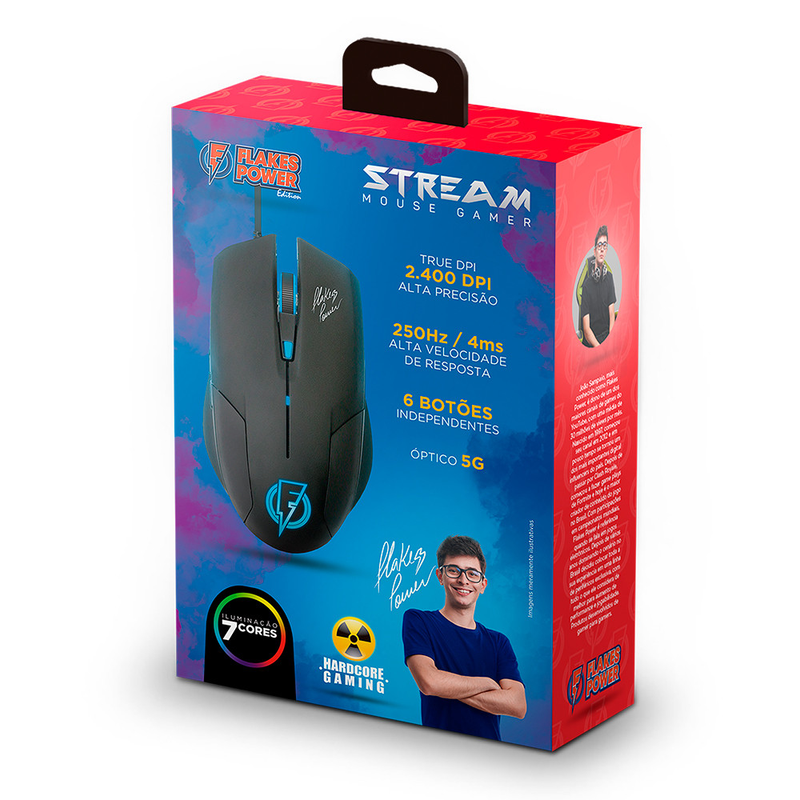Mouse Gamer Flakes Power Stream 2400 DPI 6 Botões LED 7 Cores Óptico 5G Cabo 1,6 metros FLKM002, ELG